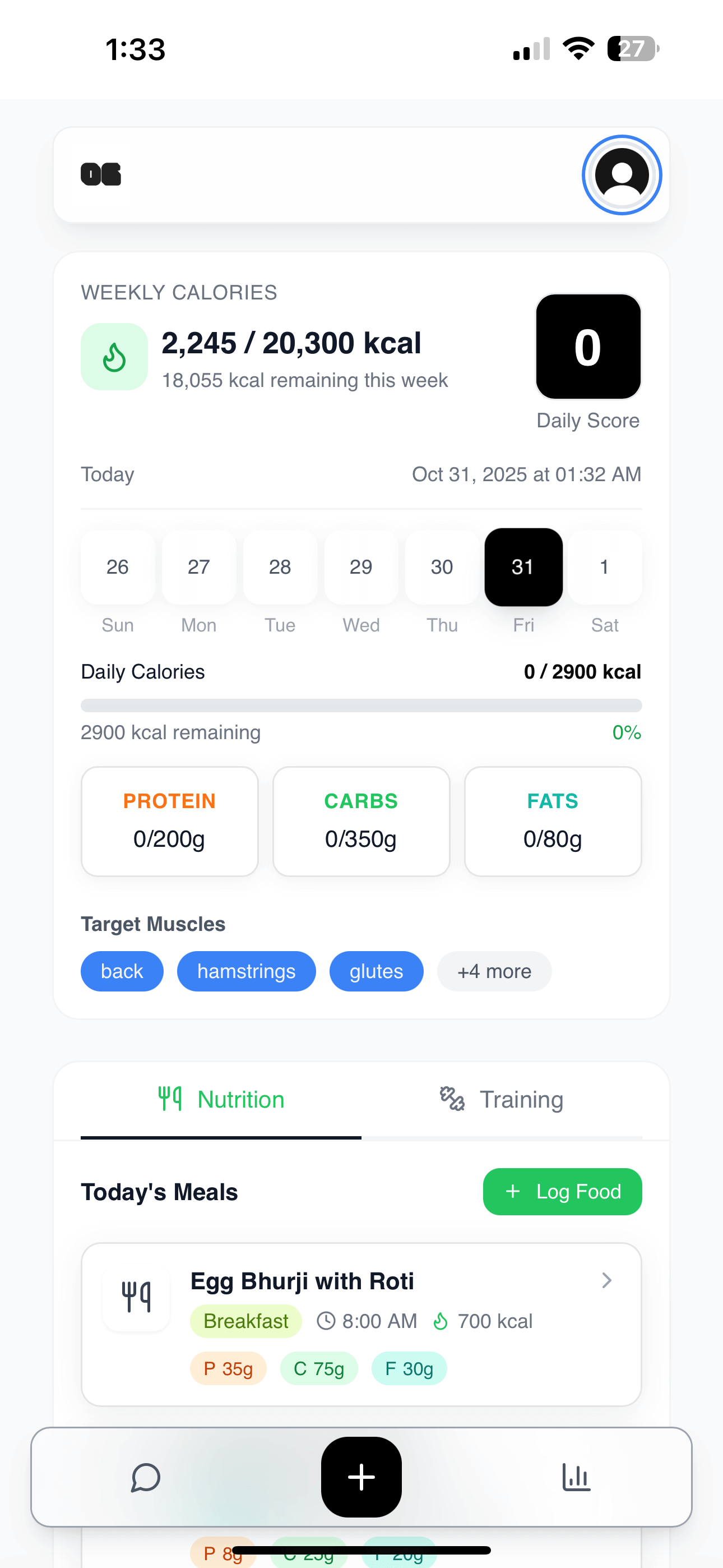Dashboard Home - Nutrition tracking and daily calories
