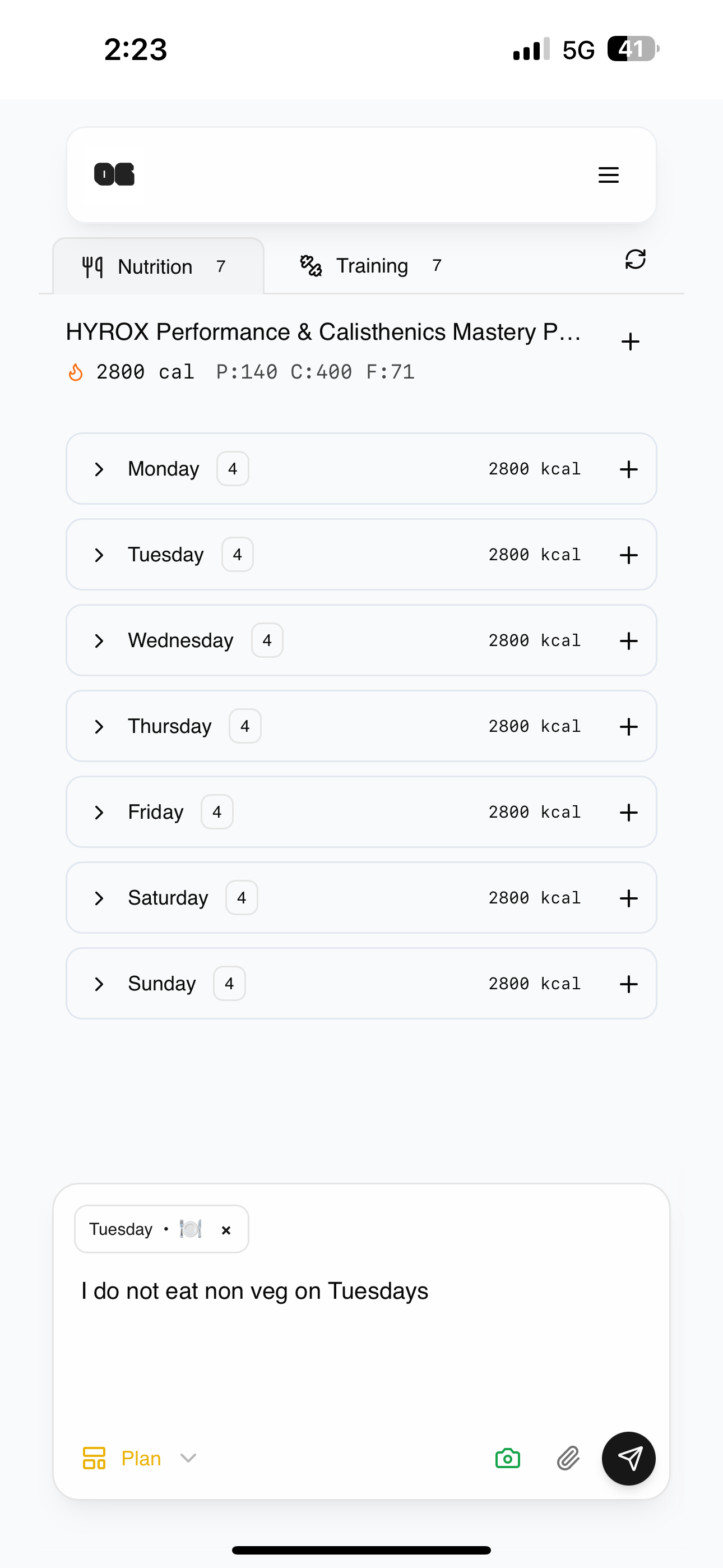 Weekly training schedule