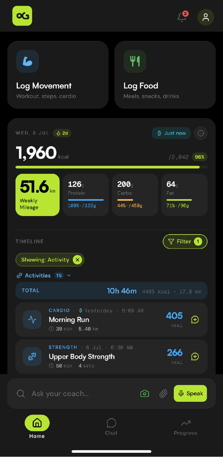OnlyGains — today's dashboard with calories, macros and activity timeline