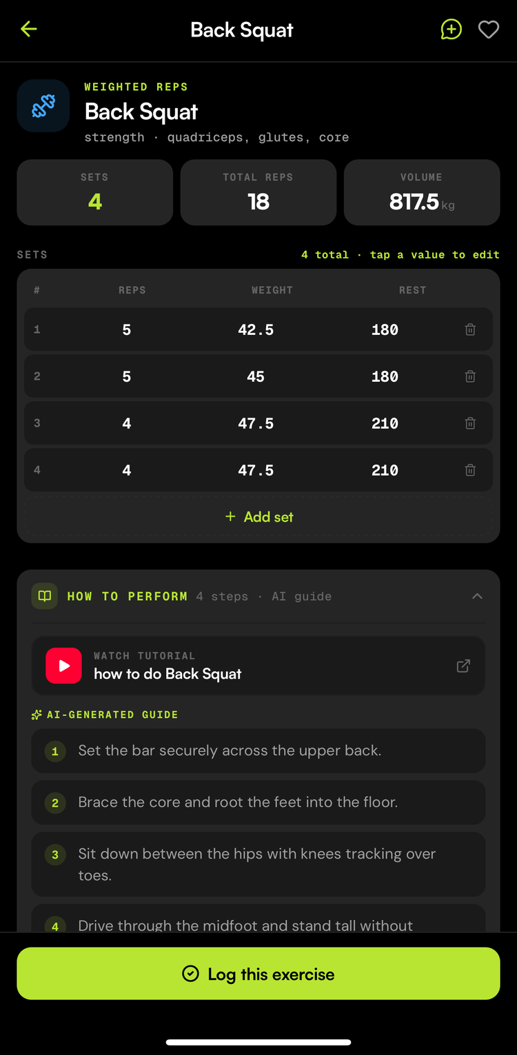 Logging a workout set with sets, reps and an AI-generated form guide