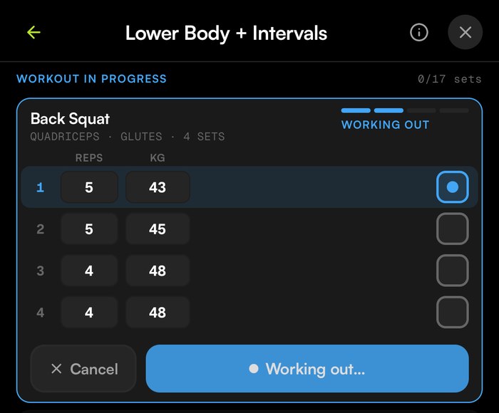 Ticking off sets during a live workout session